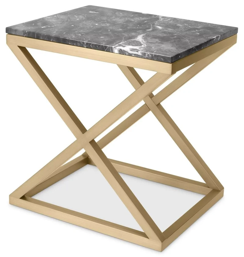 Casa Padrino Luxus Beistelltisch Messing / Grau 56 x 46 x H. 59 cm - Rechteckiger Edelstahl Tisch mit Marmorplatte - Wohnzimmer Möbel - Luxus Möbel - Luxus Einrichtung - Wohnzimmer Einrichtung