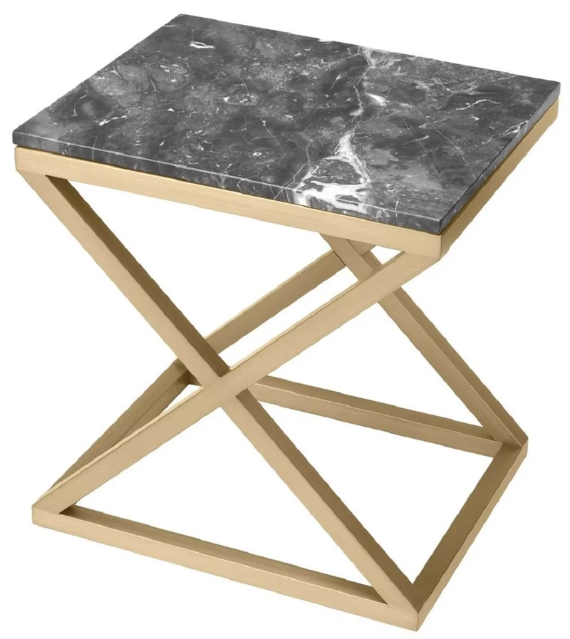 Casa Padrino Luxus Beistelltisch Messing / Grau 56 x 46 x H. 59 cm - Rechteckiger Edelstahl Tisch mit Marmorplatte - Wohnzimmer Möbel - Luxus Möbel - Luxus Einrichtung - Wohnzimmer Einrichtung