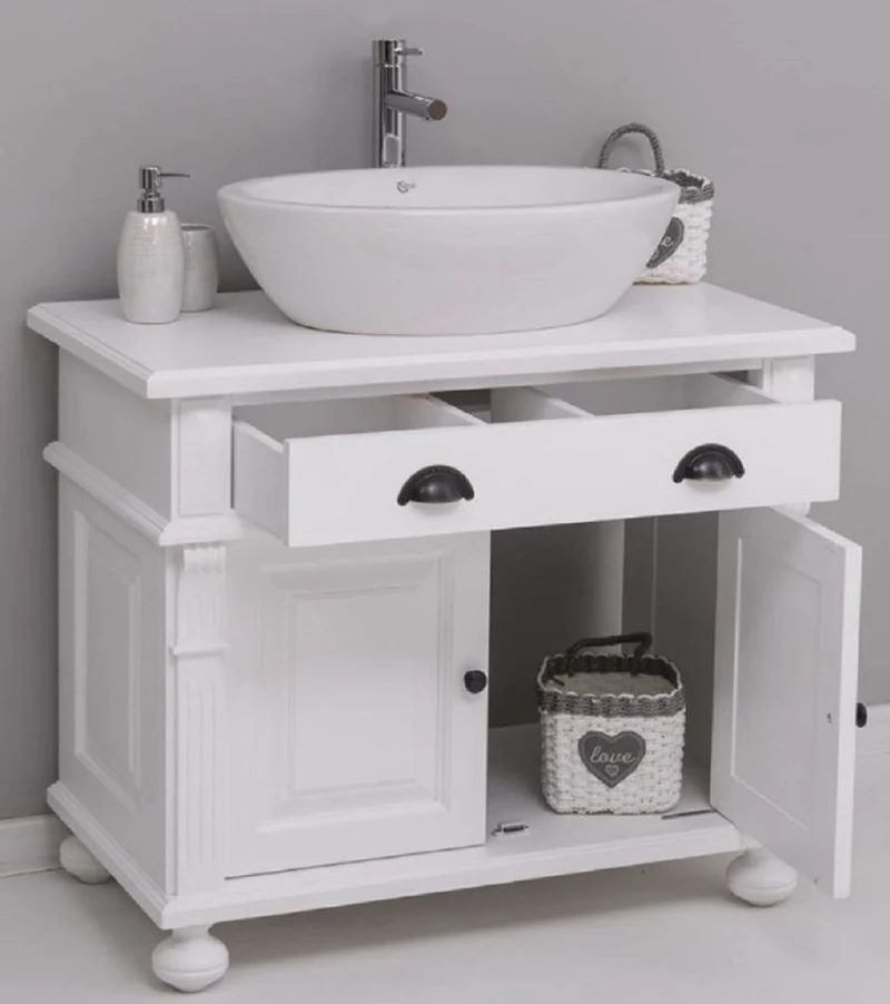 Casa Padrino Landhausstil Badezimmer Set Weiß - 1 Waschbeckenschrank & 1 Ovales Keramik Waschbecken - Badezimmer Möbel im Landhausstil - Landhausstil Möbel - Landhausstil Badezimmer Einrichtung