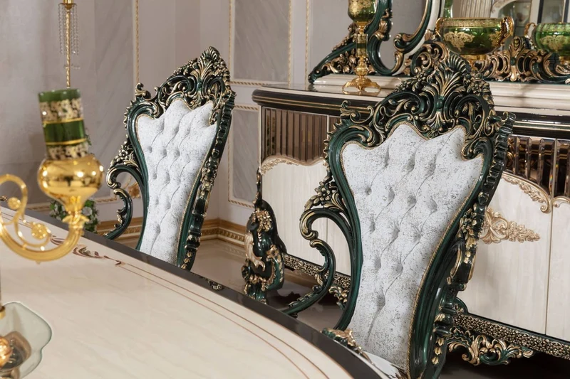 Casa Padrino Luxus Barock Esszimmer Set Weiß / Grün / Gold - 1 Barock Esstisch & 6 Barock Esszimmerstühle - Barock Esszimmer Möbel - Luxus Möbel im Barockstil - Edel & Prunkvoll - Luxus Qualität