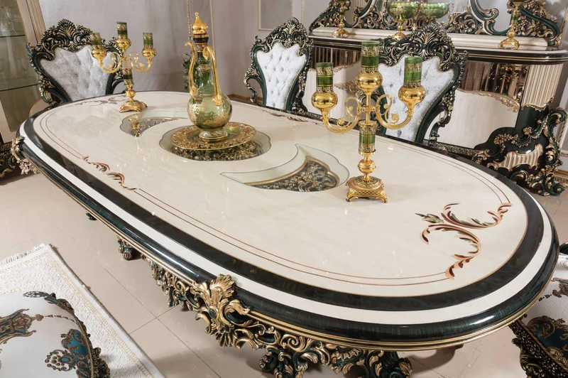 Casa Padrino Luxus Barock Esszimmer Set Weiß / Grün / Gold - 1 Barock Esstisch & 6 Barock Esszimmerstühle - Barock Esszimmer Möbel - Luxus Möbel im Barockstil - Edel & Prunkvoll - Luxus Qualität