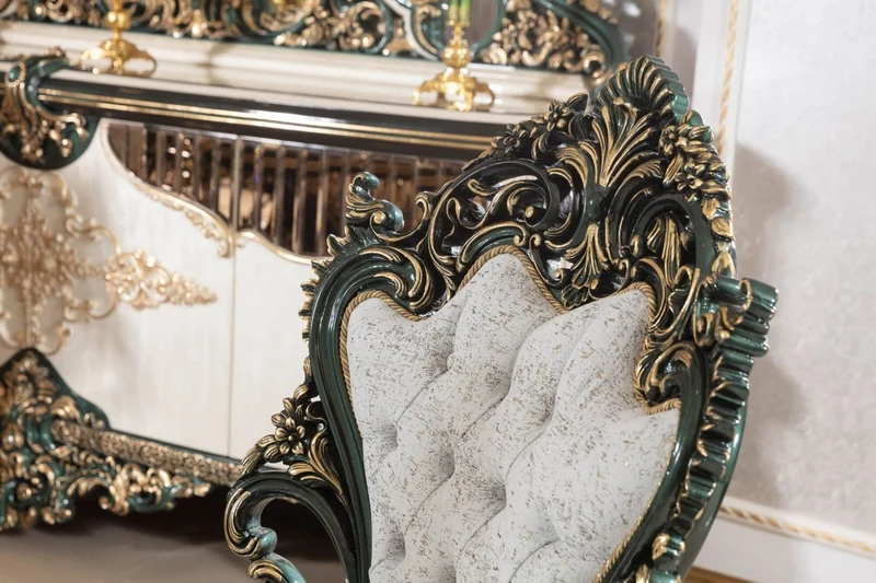 Casa Padrino Luxus Barock Esszimmer Set Weiß / Grün / Gold - 1 Barock Esstisch & 6 Barock Esszimmerstühle - Barock Esszimmer Möbel - Luxus Möbel im Barockstil - Edel & Prunkvoll - Luxus Qualität