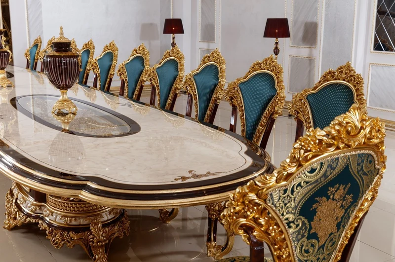 Casa Padrino Luxus Barock Esszimmer Set Weiß / Braun / Blau / Gold - 1 Barock Esstisch & 22 Barock Esszimmerstühle - Hotel Möbel - Schloss Möbel - Palast Möbel - Luxus Möbel im Barockstil