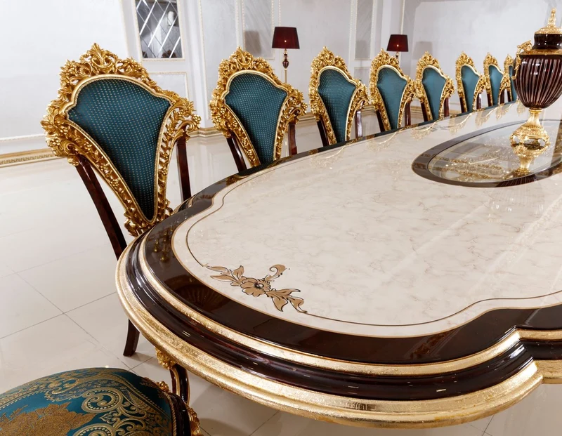 Casa Padrino Luxus Barock Esszimmer Set Weiß / Braun / Blau / Gold - 1 Barock Esstisch & 22 Barock Esszimmerstühle - Hotel Möbel - Schloss Möbel - Palast Möbel - Luxus Möbel im Barockstil