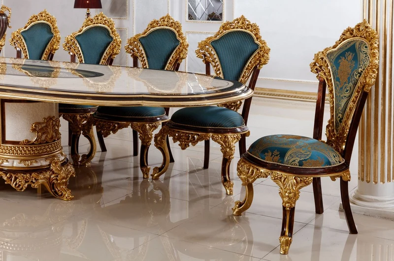 Casa Padrino Luxus Barock Esszimmer Set Weiß / Braun / Blau / Gold - 1 Barock Esstisch & 22 Barock Esszimmerstühle - Hotel Möbel - Schloss Möbel - Palast Möbel - Luxus Möbel im Barockstil