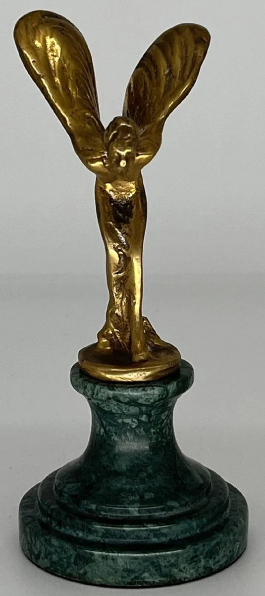 Casa Padrino Luxus Briefbeschwerer Skulptur Frau mit Flügeln Gold / Grün 7 x 8 x H. 16 cm - Elegante Bronze Figur mit Marmorsockel - Schreibtisch Deko - Luxus Deko - Deko Accessoires