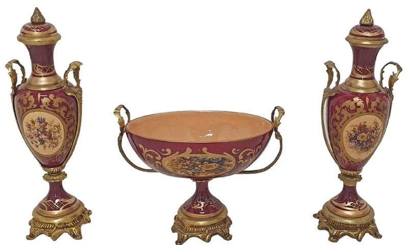Casa Padrino Barock Deko Keramik Vasen Set mit Schale Rot / Mehrfarbig / Messing - Prunkvolle Deko im Barockstil - Barock Möbel - Barock Deko Accessoires - Edel & Prunkvoll