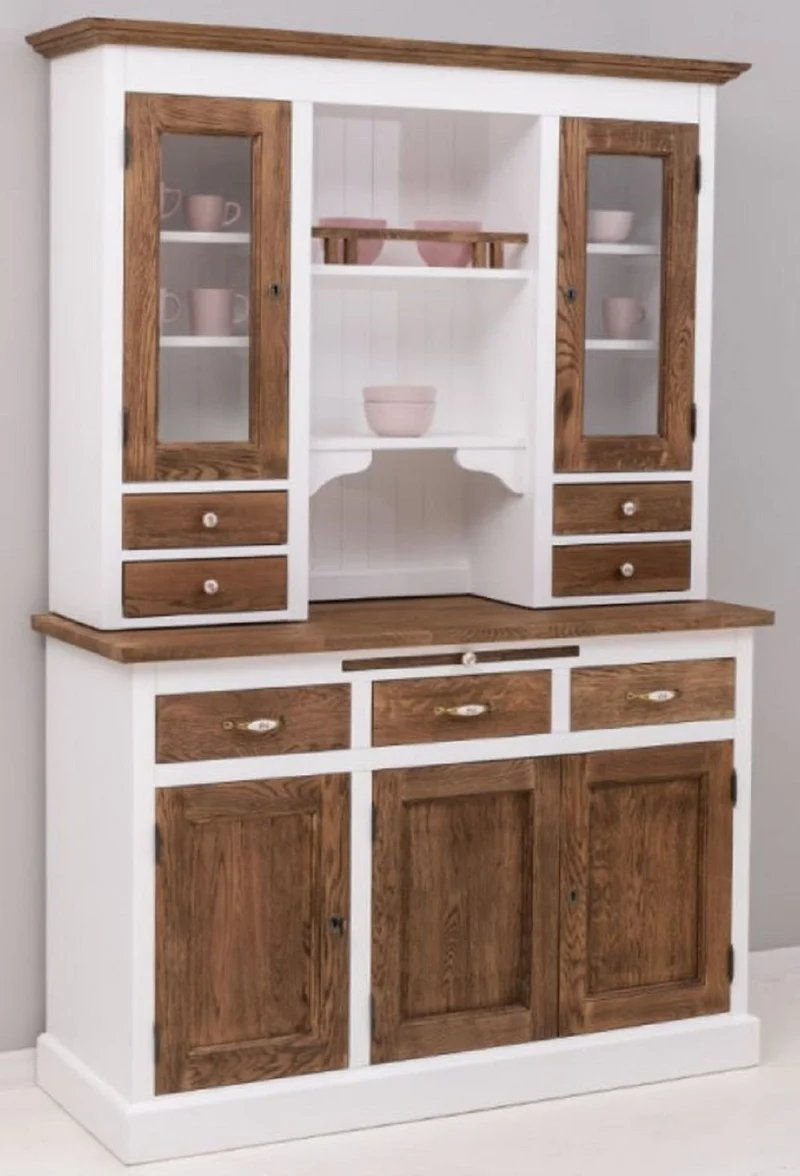Casa Padrino Landhausstil Esszimmerschrank Weiß / Dunkelbraun 137 x 50 x H. 197 cm - Massivholz Küchenschrank - Esszimmer Möbel im Landhausstil - Landhausstil Esszimmer Einrichtung