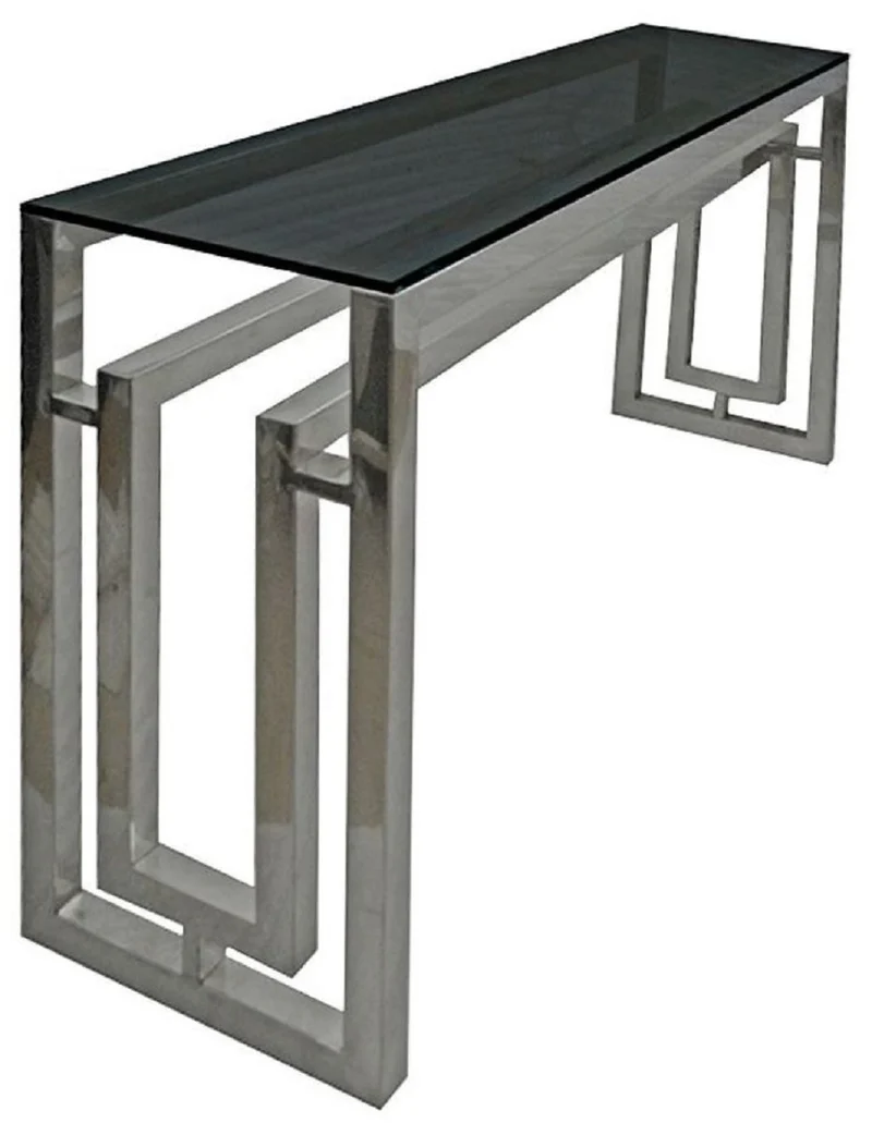 Casa Padrino Luxus Konsole Silber / Schwarz 150 x 38 x H. 75 cm - Metall Konsolentisch mit Glasplatte - Wohnzimmer Möbel - Luxus Möbel