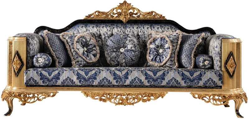 Casa Padrino Luxus Barock Sofa Blau / Schwarz / Gold - Prunkvolles Wohnzimmer Sofa - Barockstil Wohnzimmer Möbel - Luxus Möbel im Barockstil - Barock Wohnzimmer Einrichtung