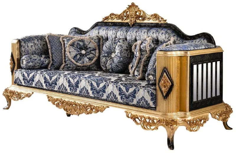 Casa Padrino Luxus Barock Sofa Blau / Schwarz / Gold - Prunkvolles Wohnzimmer Sofa - Barockstil Wohnzimmer Möbel - Luxus Möbel im Barockstil - Barock Wohnzimmer Einrichtung