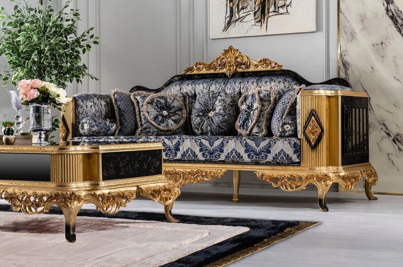 Casa Padrino Luxus Barock Sofa Blau / Schwarz / Gold - Prunkvolles Wohnzimmer Sofa - Barockstil Wohnzimmer Möbel - Luxus Möbel im Barockstil - Barock Wohnzimmer Einrichtung