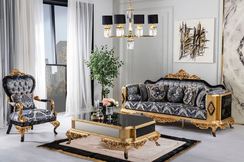 Casa Padrino Luxus Barock Sofa Blau / Schwarz / Gold - Prunkvolles Wohnzimmer Sofa - Barockstil Wohnzimmer Möbel - Luxus Möbel im Barockstil - Barock Wohnzimmer Einrichtung