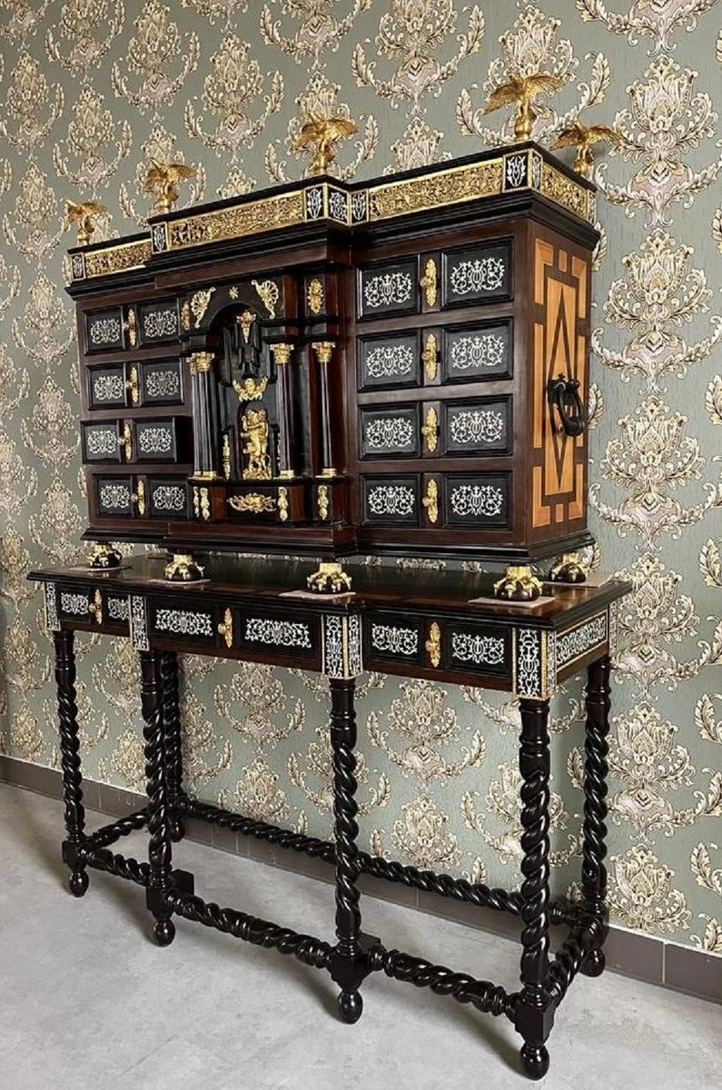 Casa Padrino Luxus Barock Sekretär Schwarz / Braun / Gold - Handgefertigter Antik Stil Massivholz Sekretär mit Türen und Schubladen - Barock Büromöbel - Barock Möbel - Edel & Prunkvoll