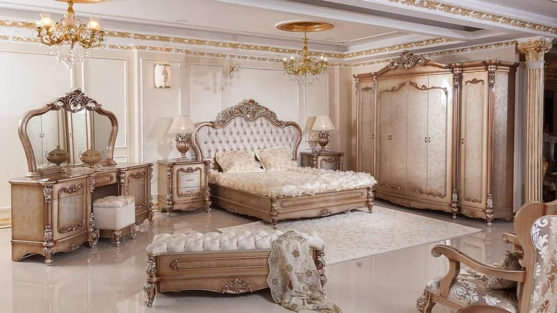 Casa Padrino Luxus Barock Schlafzimmer Set Grau / Kupfer / Silber - 1 Doppelbett mit Kopfteil & 2 Nachtkommoden - Barock Schlafzimmer Möbel - Luxus Möbel im Barockstil - Edel & Prunkvoll