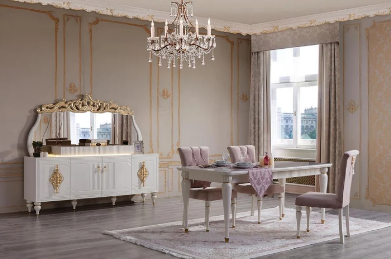 Casa Padrino Luxus Barock Esszimmerstuhl 6er Set Rosa / Weiß / Gold - Handgefertigte Küchen Stühle im Barockstil - Luxus Esszimmer Möbel im Barockstil - Barock Möbel - Edel & Prunkvoll