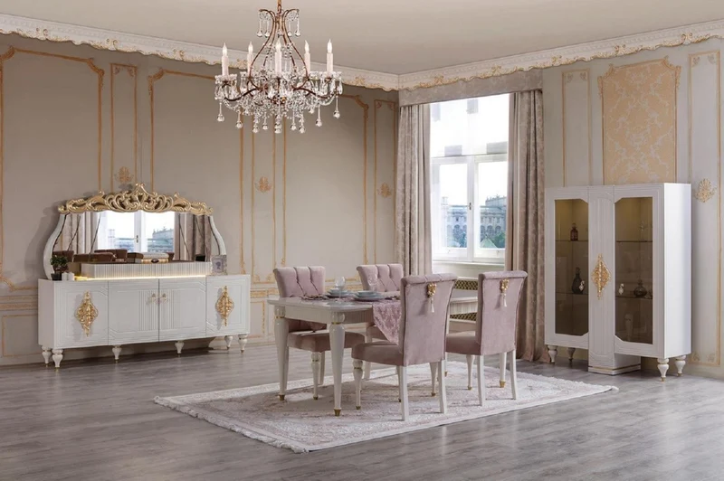 Casa Padrino Luxus Barock Esszimmerstuhl 6er Set Rosa / Weiß / Gold - Handgefertigte Küchen Stühle im Barockstil - Luxus Esszimmer Möbel im Barockstil - Barock Möbel - Edel & Prunkvoll