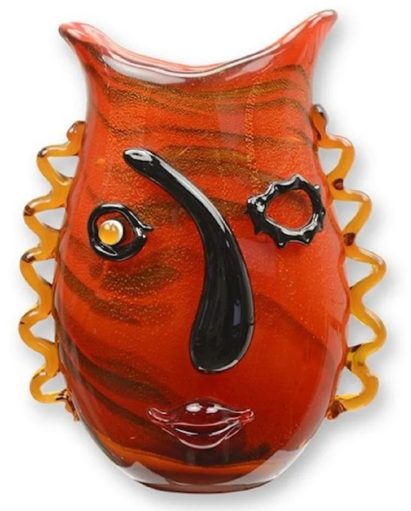 Casa Padrino Designer Vase Gesicht Rot / Orange / Schwarz 24,6 x 13,1 x H. 31,5 cm - Wohnzimmer Deko Vase - Dekorative Glasvase - Abstrakte Blumenvase - Deko Accessoires - Abstrakte Deko Vasen