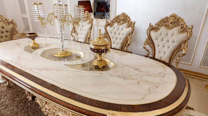 Casa Padrino Luxus Barock Esszimmer Set Weiß / Braun / Gold - 1 Barock Esstisch & 6 Barock Esszimmerstühle - Barock Esszimmer Möbel - Luxus Möbel im Barockstil - Edel & Prunkvoll - Luxus Qualität