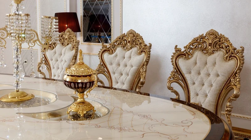 Casa Padrino Luxus Barock Esszimmer Set Weiß / Braun / Gold - 1 Barock Esstisch & 6 Barock Esszimmerstühle - Barock Esszimmer Möbel - Luxus Möbel im Barockstil - Edel & Prunkvoll - Luxus Qualität