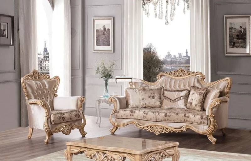 Casa Padrino Luxus Barock Sofa Beige / Braun / Naturfarben - Prunkvolles Wohnzimmer Sofa mit elegantem Muster - Barock Möbel - Edel & Prunkvoll