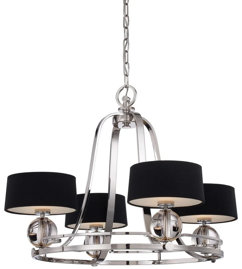 Casa Padrino Luxus Art Deco LED Kronleuchter Silber / Schwarz Ø 77,5 x H. 57,2 cm - Runder Metall Kronleuchter mit Lampenschirmen - Wohnzimmer Kronleuchter - Art Deco Leuchten - Luxus Leuchten