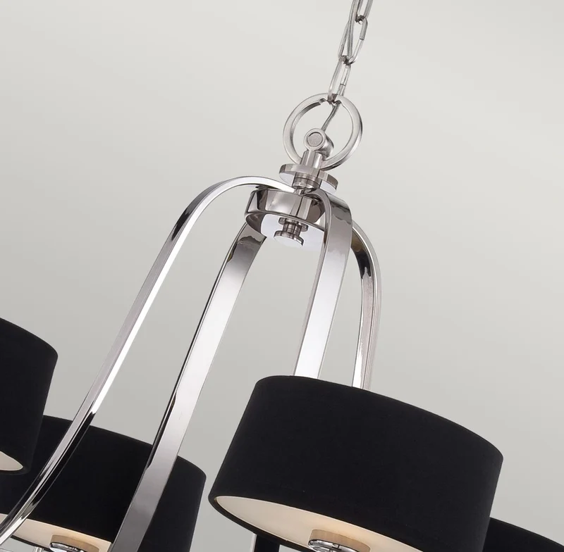 Casa Padrino Luxus Art Deco LED Kronleuchter Silber / Schwarz Ø 77,5 x H. 57,2 cm - Runder Metall Kronleuchter mit Lampenschirmen - Wohnzimmer Kronleuchter - Art Deco Leuchten - Luxus Leuchten