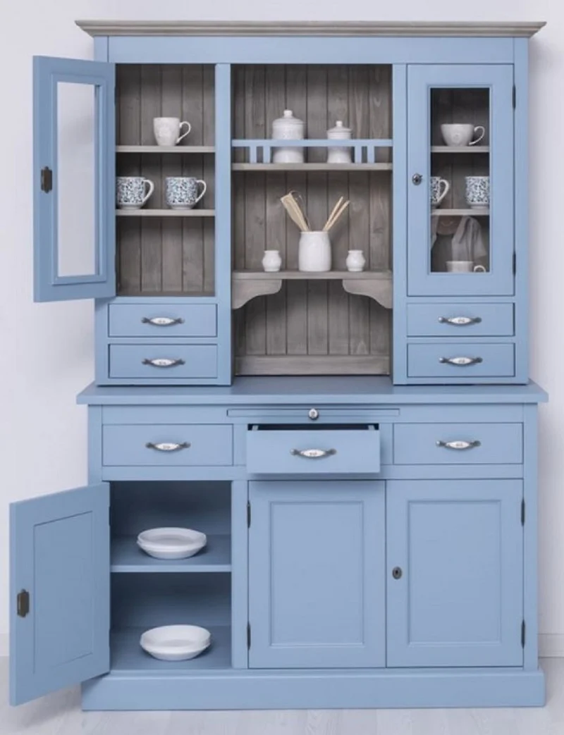 Casa Padrino Landhausstil Esszimmerschrank Hellblau / Grau 137 x 50 x H. 197 cm - Massivholz Küchenschrank - Esszimmer Möbel im Landhausstil - Landhausstil Esszimmer Einrichtung