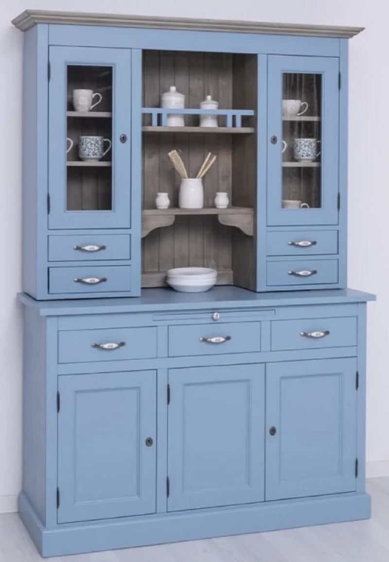 Casa Padrino Landhausstil Esszimmerschrank Hellblau / Grau 137 x 50 x H. 197 cm - Massivholz Küchenschrank - Esszimmer Möbel im Landhausstil - Landhausstil Esszimmer Einrichtung