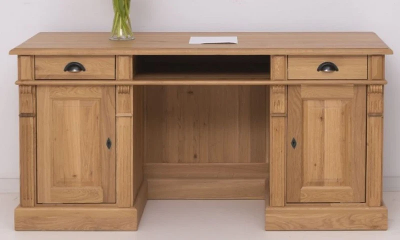 Casa Padrino Landhausstil Schreibtisch Naturfarben 160 x 70 x H. 78 cm - Massivholz Bürotisch mit 2 Türen und 2 Schubladen - Massivholz Möbel - Büro Möbel im Landhausstil - Landhausstil Möbel
