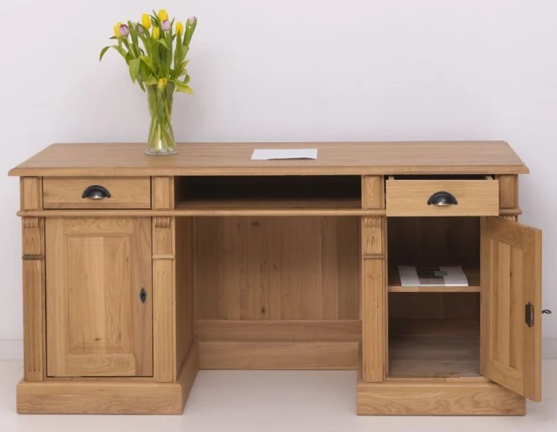 Casa Padrino Landhausstil Schreibtisch Naturfarben 160 x 70 x H. 78 cm - Massivholz Bürotisch mit 2 Türen und 2 Schubladen - Massivholz Möbel - Büro Möbel im Landhausstil - Landhausstil Möbel