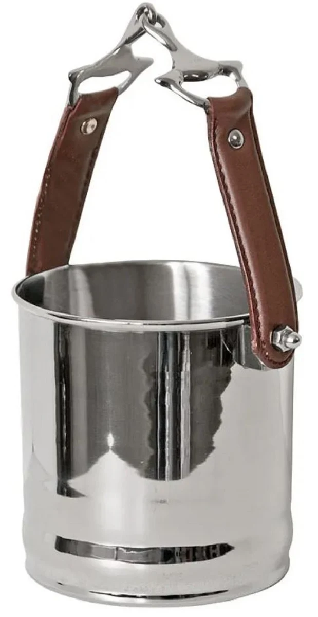 Casa Padrino Weinkühler Silber / Braun Ø 19 x H. 20 cm - Runder Champagnerkühler mit Leder Tragegriff - Hotel Accessoires - Restaurant Accessoires - Gastronomie Accessoires