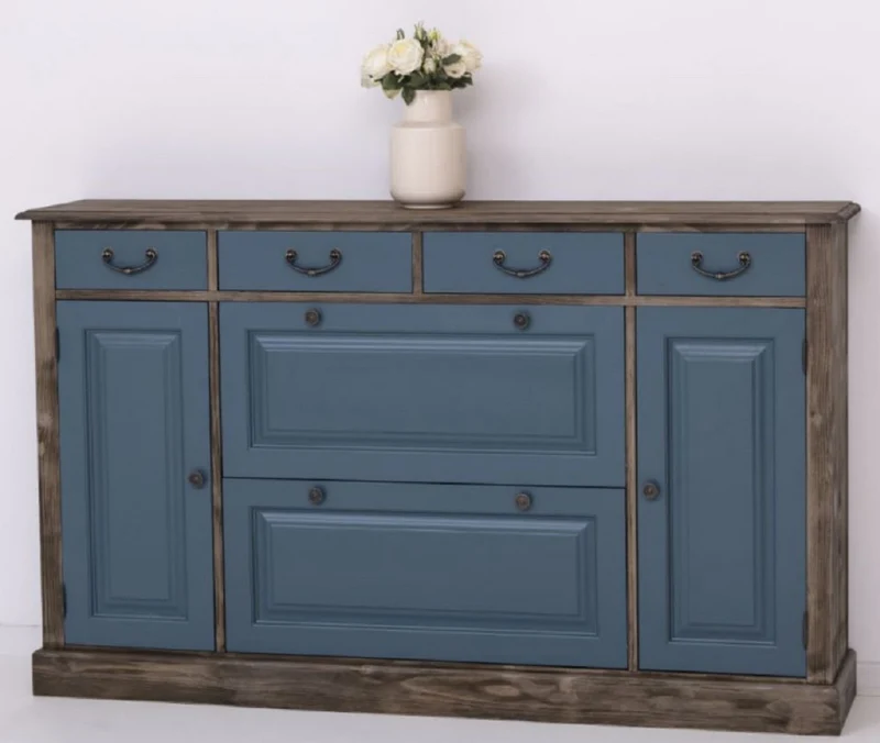 Casa Padrino Landhausstil Kommode Blau / Schwarz 176 x 35 x H. 105 cm - Massivholz Schrank mit 6 Schubladen und 2 Türen - Landhausstil Möbel - Möbel im Landhausstil - Landhausstil Einrichtung