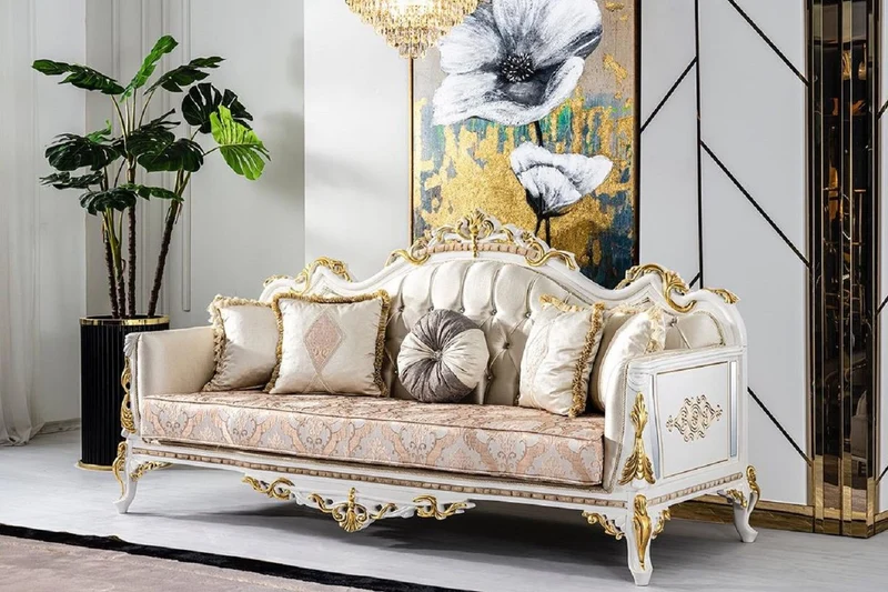 Casa Padrino Luxus Barock Wohnzimmer Set Gold / Silber / Braun / Weiß / Gold - 2 Barock Sofas & 2 Barock Sessel & 1 Barock Couchtisch - Luxus Wohnzimmer Möbel im Barockstil - Barock Möbel
