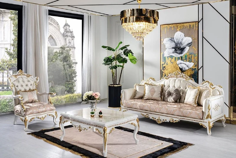Casa Padrino Luxus Barock Wohnzimmer Set Gold / Silber / Braun / Weiß / Gold - 2 Barock Sofas & 2 Barock Sessel & 1 Barock Couchtisch - Luxus Wohnzimmer Möbel im Barockstil - Barock Möbel