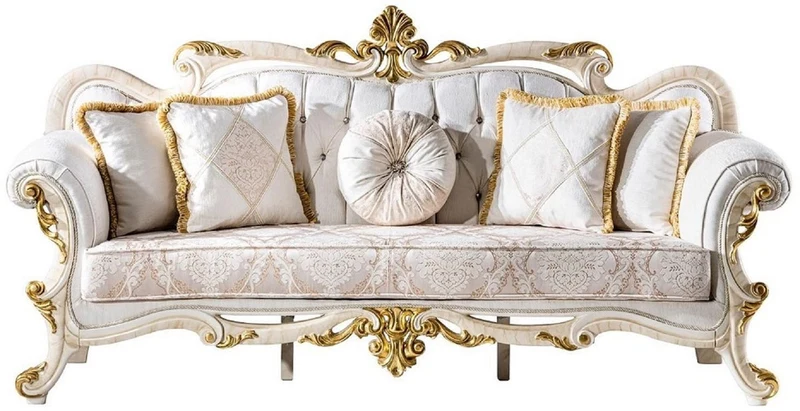 Casa Padrino Luxus Barock Wohnzimmer Set Weiß / Braun / Weiß / Beige / Gold - 2 Barock Sofas & 2 Barock Sessel & 1 Barock Couchtisch - Luxus Wohnzimmer Möbel im Barockstil - Barock Möbel