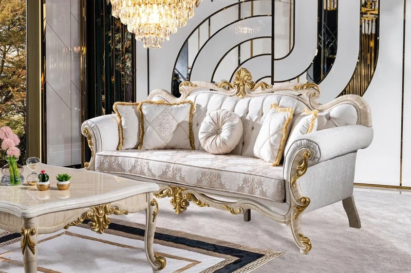 Casa Padrino Luxus Barock Wohnzimmer Set Weiß / Braun / Weiß / Beige / Gold - 2 Barock Sofas & 2 Barock Sessel & 1 Barock Couchtisch - Luxus Wohnzimmer Möbel im Barockstil - Barock Möbel