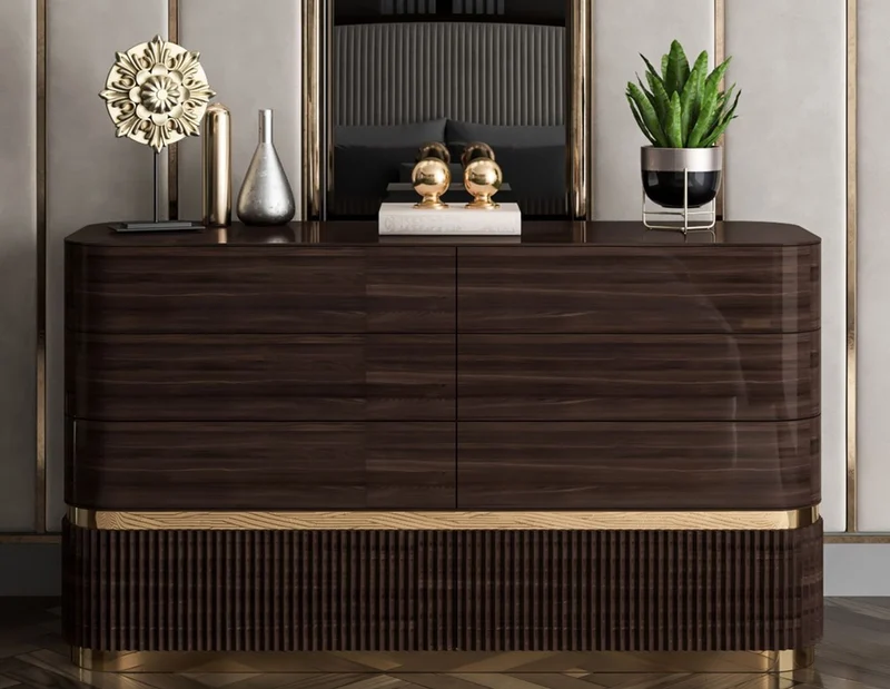 Casa Padrino Luxus Massivholz Kommode mit 6 Schubladen Dunkelbraun / Gold - Schlafzimmer Kommode - Schlafzimmer Möbel - Luxus Möbel - Luxus Einrichtung - Schlafzimmer Einrichtung