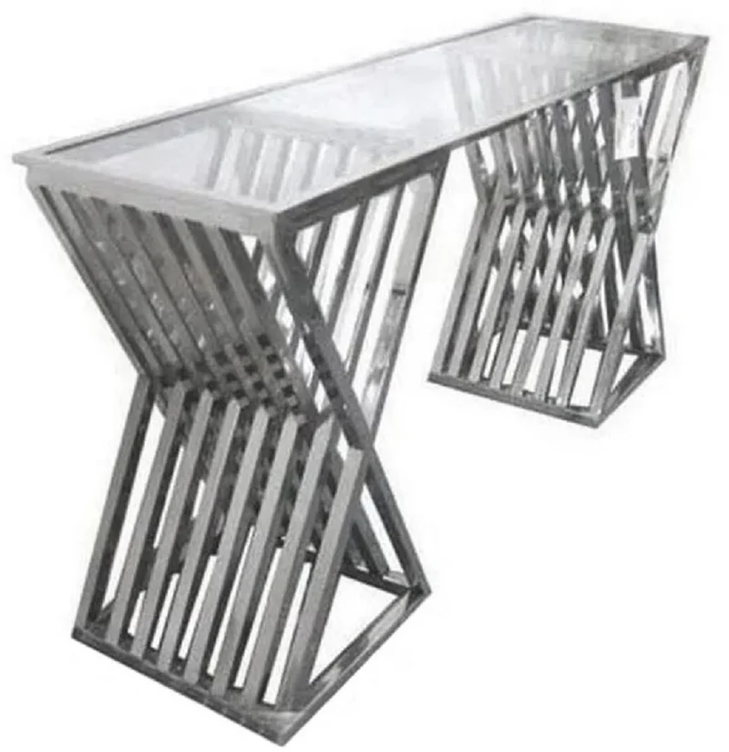 Casa Padrino Luxus Designer Konsole Silber 150 x 42 x H. 75 cm - Metall Konsolentisch mit Glasplatte - Luxus Designer Wohnzimmer Möbel