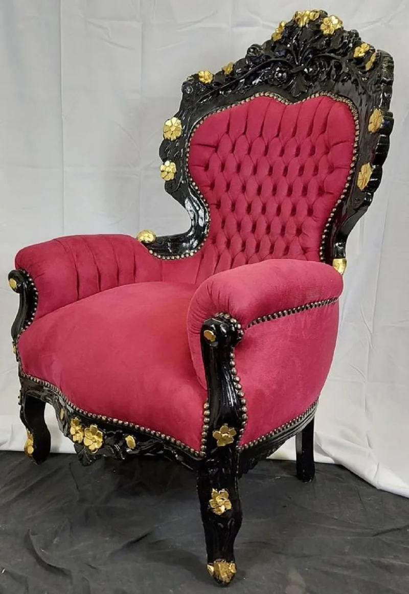 Casa Padrino Barock Wohnzimmer Sessel Bordeauxrot / Schwarz / Gold - Handgefertigter Antik Stil Wohnzimmer Sessel mit edlem Satinstoff - Wohnzimmer Möbel - Barock Möbel - Edel & Prunkvoll