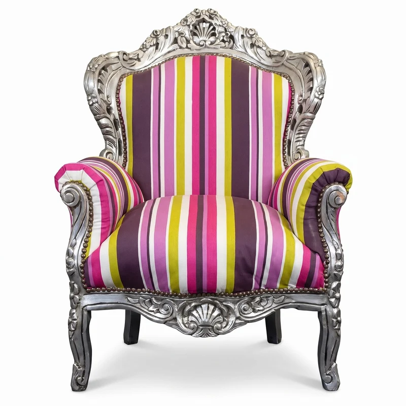 Casa Padrino Barock Sessel mit Streifen Mehrfarbig / Silber - Handgefertigter Massivholz Wohnzimmer Sessel - Antik Stil Wohnzimmer Sessel - Barock Wohnzimmer Möbel - Ausstellungsstück!