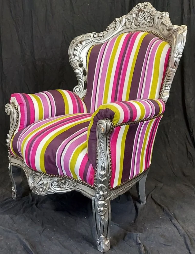 Casa Padrino Barock Sessel mit Streifen Mehrfarbig / Silber - Handgefertigter Massivholz Wohnzimmer Sessel - Antik Stil Wohnzimmer Sessel - Barock Wohnzimmer Möbel - Ausstellungsstück!