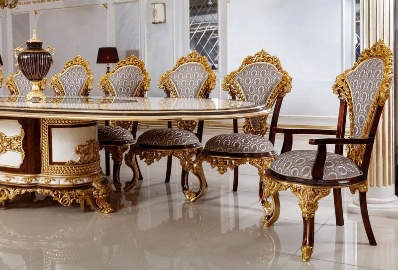 Casa Padrino Luxus Barock Esszimmer Set Weiß / Braun / Grau / Gold - 1 Barock Esstisch & 22 Barock Esszimmerstühle - Hotel Möbel - Schloss Möbel - Palast Möbel - Luxus Möbel im Barockstil