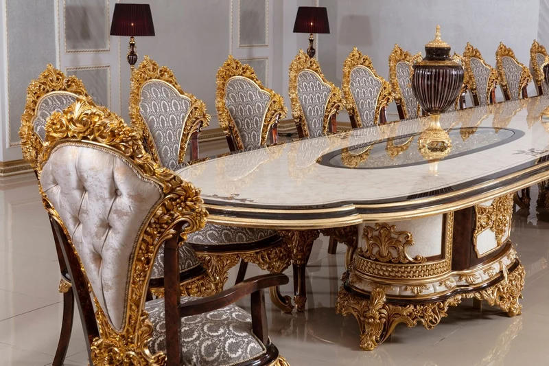 Casa Padrino Luxus Barock Esszimmer Set Weiß / Braun / Grau / Gold - 1 Barock Esstisch & 22 Barock Esszimmerstühle - Hotel Möbel - Schloss Möbel - Palast Möbel - Luxus Möbel im Barockstil