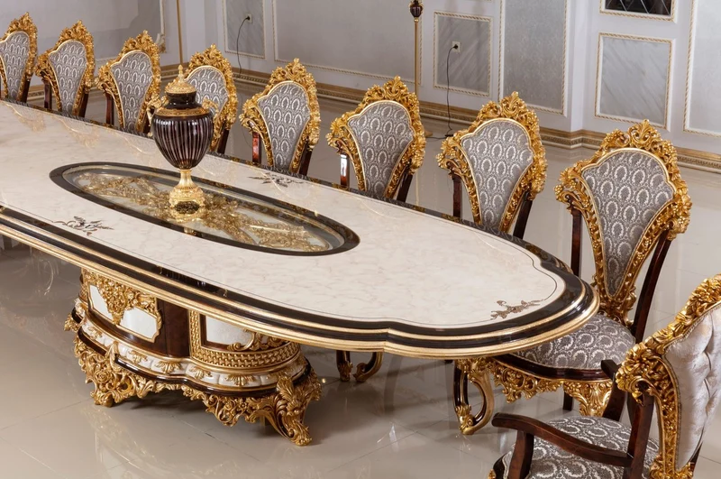 Casa Padrino Luxus Barock Esszimmer Set Weiß / Braun / Grau / Gold - 1 Barock Esstisch & 22 Barock Esszimmerstühle - Hotel Möbel - Schloss Möbel - Palast Möbel - Luxus Möbel im Barockstil