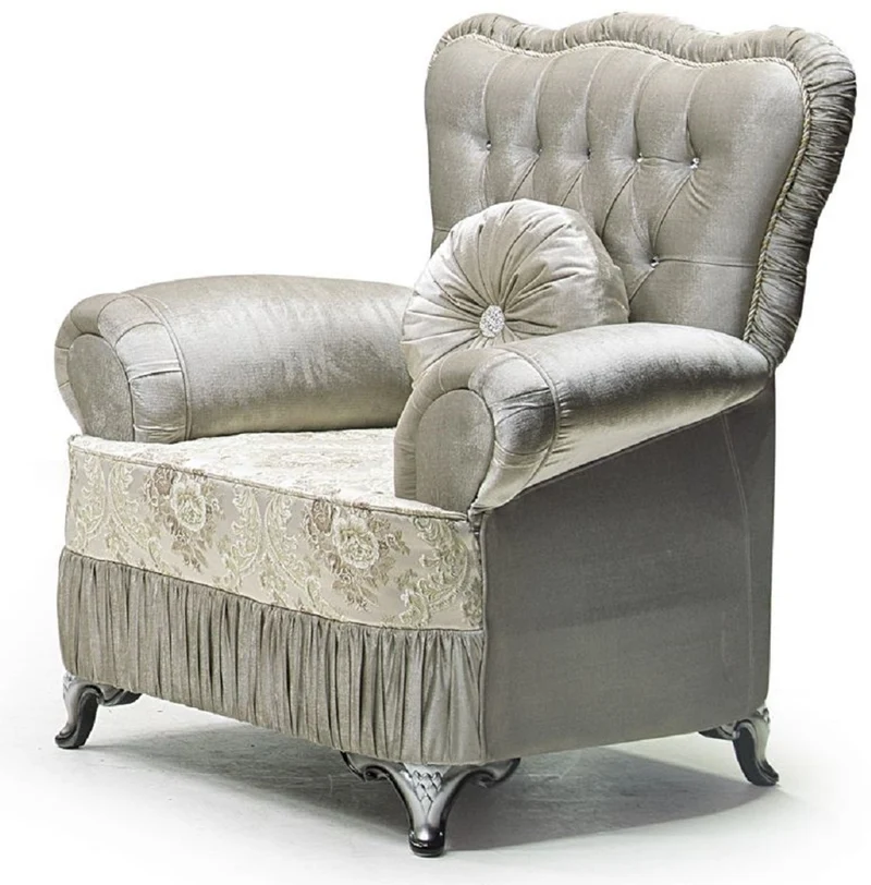 Casa Padrino Luxus Barock Sessel Grau / Creme / Silber / Schwarz - Wohnzimmer Sessel mit Muster und Glitzersteinen - Barockstil Wohnzimmer Möbel - Luxus Möbel im Barockstil - Barock Einrichtung