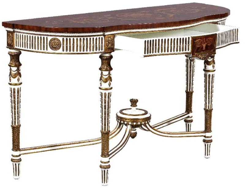 Casa Padrino Luxus Barock Konsole Weiß / Braun / Gold - Handgefertigter Massivholz Konsolentisch mit Schublade - Luxus Wohnzimmer Möbel im Barockstil - Barock Möbel - Barock Einrichtung