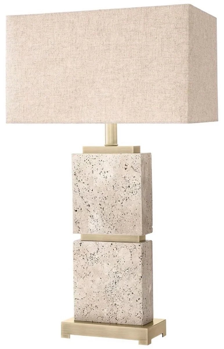 Casa Padrino Luxus Tischleuchte Beige / Antik Messing 40 x 22 x H. 70,5 cm - Travertin Schreibtischleuchte mit rechteckigem Lampenschirm - Luxus Tischleuchten - Luxus Schreibtischleuchten