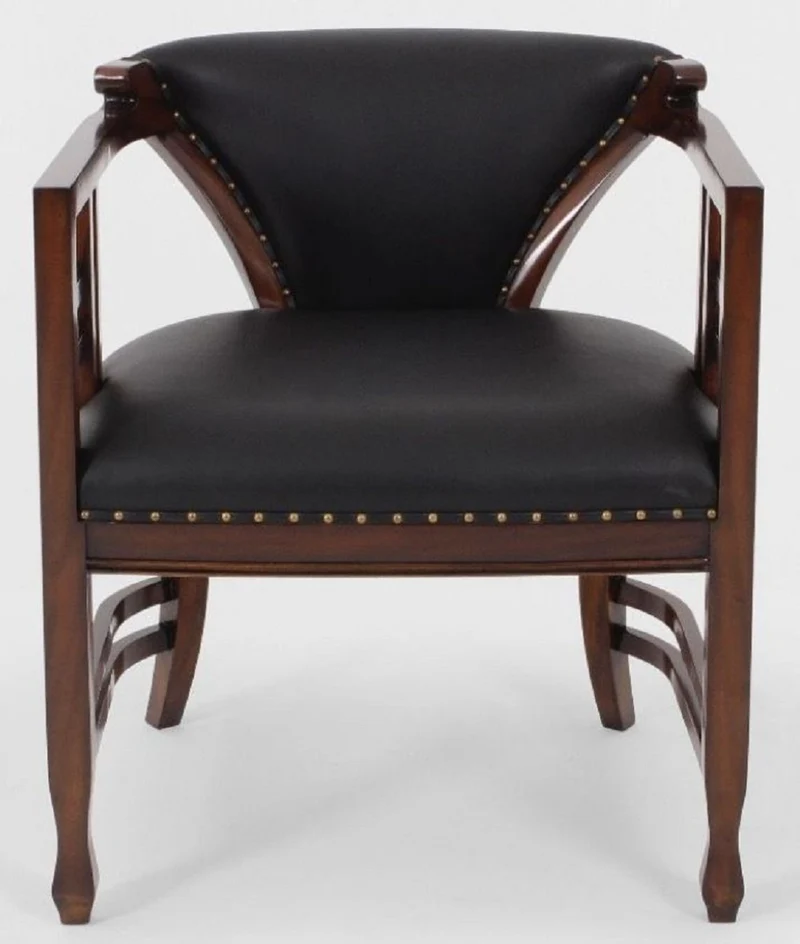 Casa Padrino Luxus Jugendstil Leder Sessel Schwarz / Dunkelbraun - Echtleder Wohnzimmer Sessel - Leder Möbel - Wohnzimmer Möbel - Barock Möbel - Jugendstil Möbel - Luxus Möbel im Jugendstil