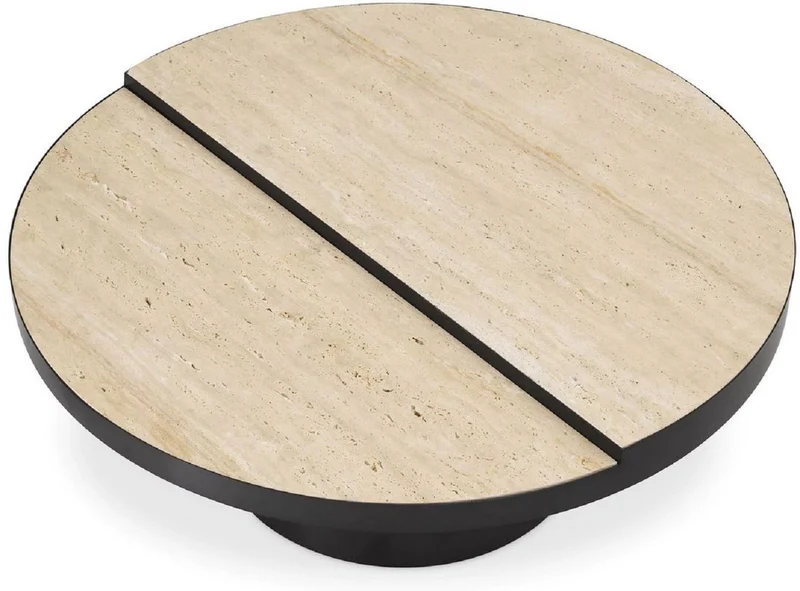 Casa Padrino Luxus Couchtisch Bronze / Beige Ø 88 x H. 35 cm - Runder Edelstahl Wohnzimmertisch mit 2 Travertin Tischplatten - Wohnzimmer Möbel - Luxus Möbel - Luxus Einrichtung